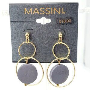 Massini Circular Drop Dangle Earrings Gold Tone Grey Wooden Discs Posts NEW